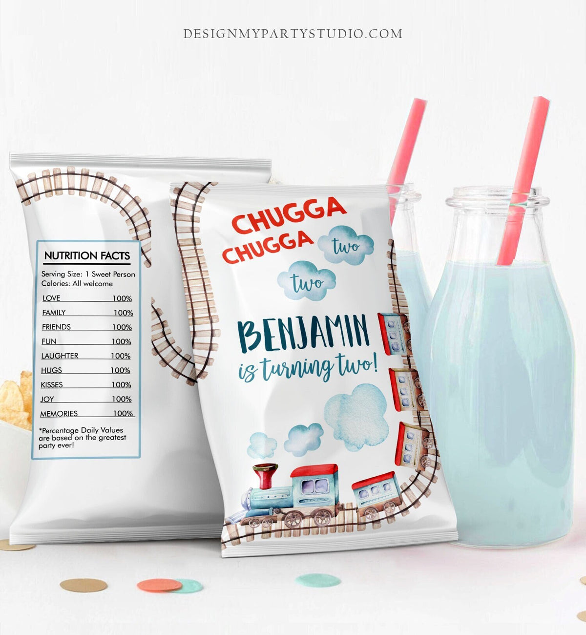 Editable Train Chip Bag Chugga Two Train Party Decor Vintage Train Themed Party Snack Favors Potatoes Printable Digital Corjl Template 0149