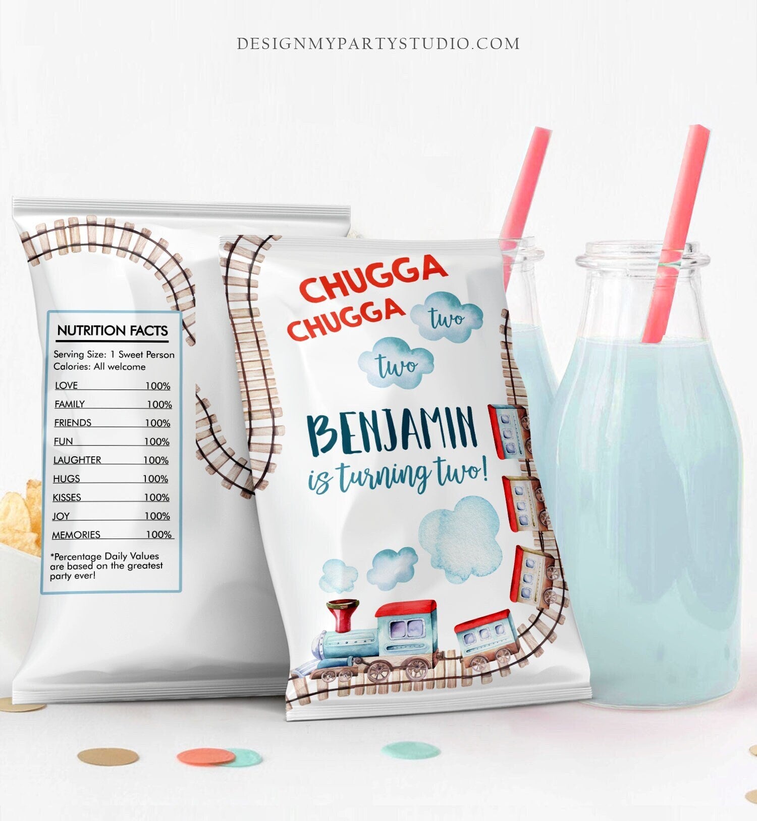Editable Train Chip Bag Chugga Two Train Party Decor Vintage Train Themed Party Snack Favors Potatoes Printable Digital Corjl Template 0149