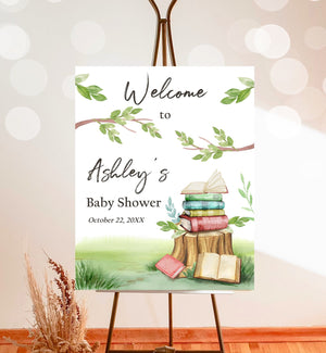 Editable Storybook Baby Shower Welcome Sign Book Baby Shower Gender Neutral Vintage Chapter Welcome Editable Template PRINTABLE Corjl 0427