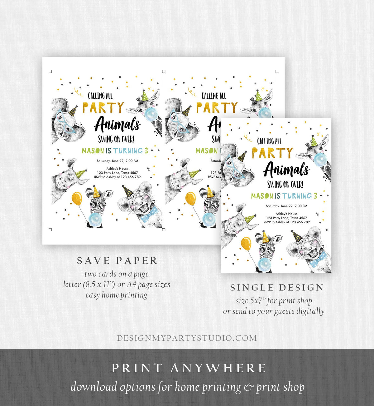 Editable Party Animals Birthday Invitation Wild One Party Animals Zoo Safari Animals Boy Digital Download Evite Template Printable 0390