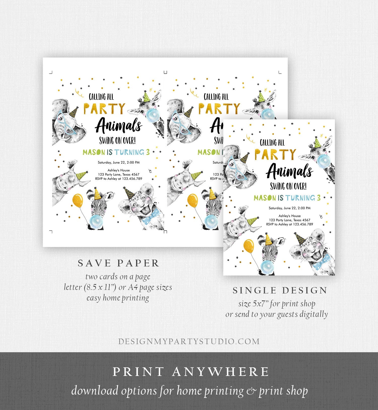 Editable Party Animals Birthday Invitation Wild One Party Animals Zoo Safari Animals Boy Digital Download Evite Template Printable 0390