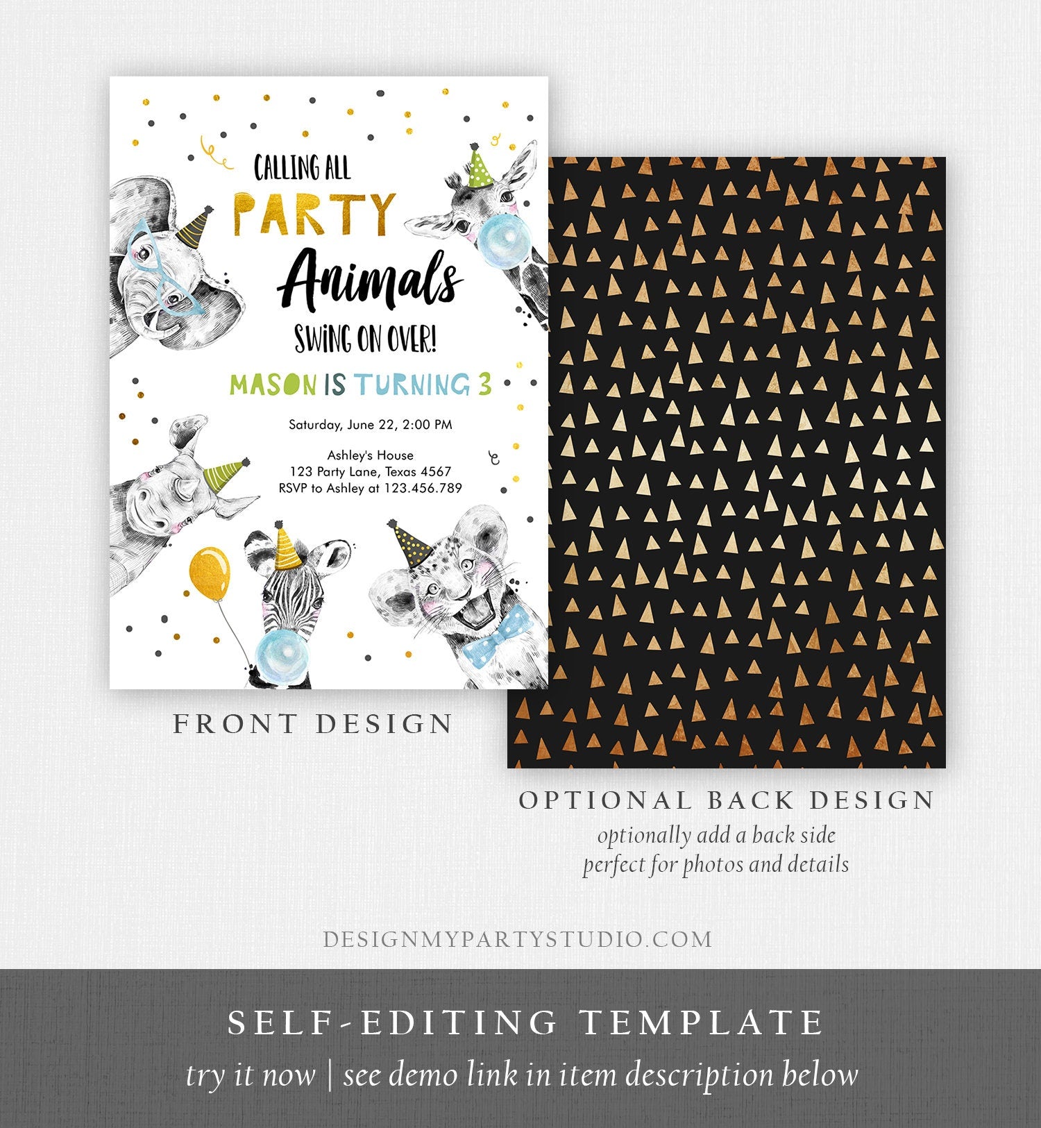 Editable Party Animals Birthday Invitation Wild One Party Animals Zoo Safari Animals Boy Digital Download Evite Template Printable 0390