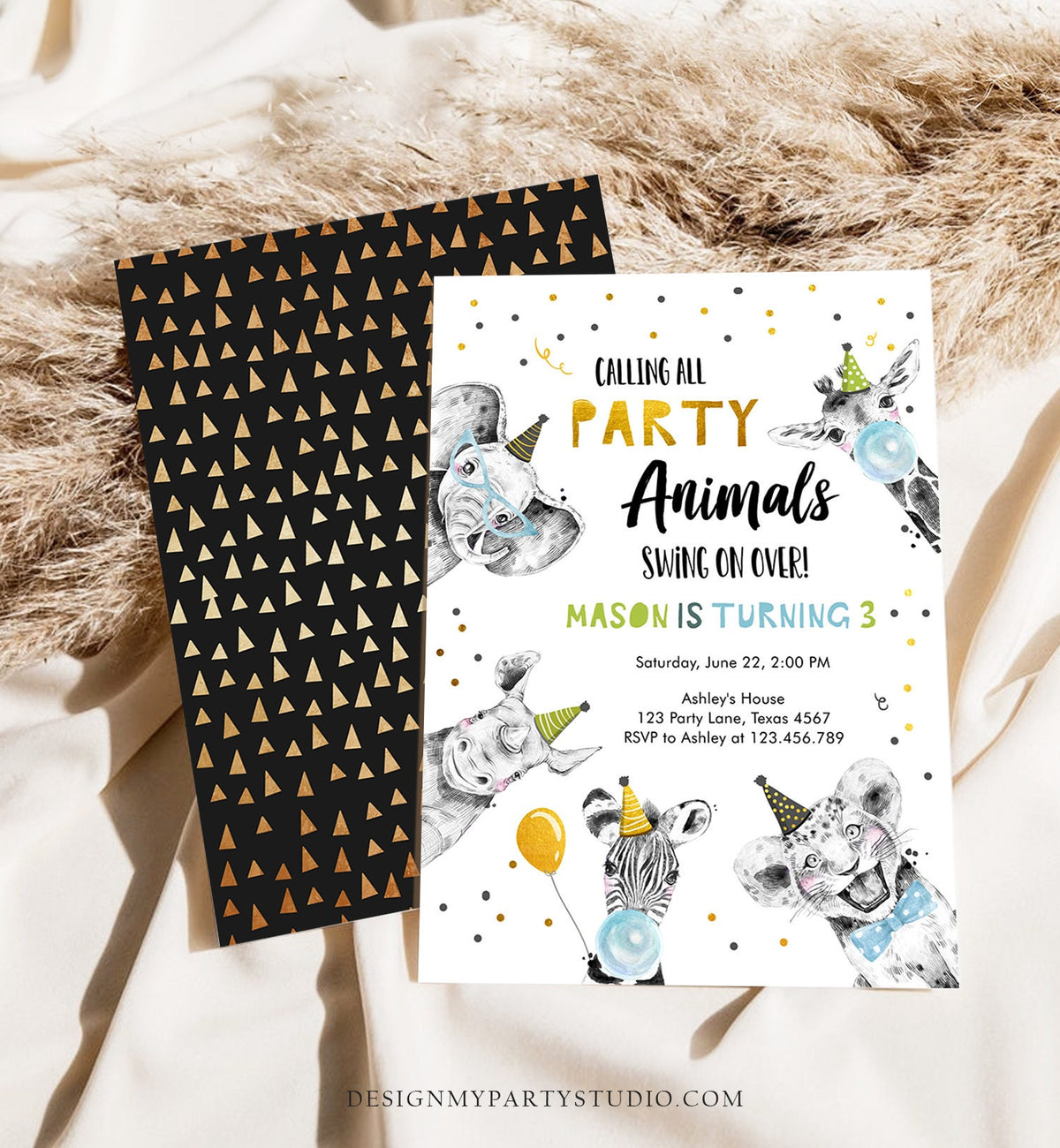 Editable Party Animals Birthday Invitation Wild One Party Animals Zoo Safari Animals Boy Digital Download Evite Template Printable 0390