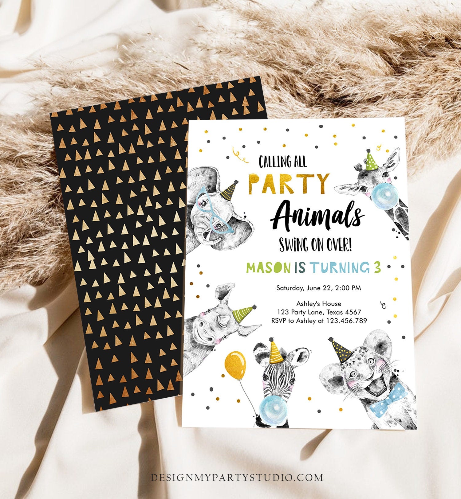 Editable Party Animals Birthday Invitation Wild One Party Animals Zoo Safari Animals Boy Digital Download Evite Template Printable 0390