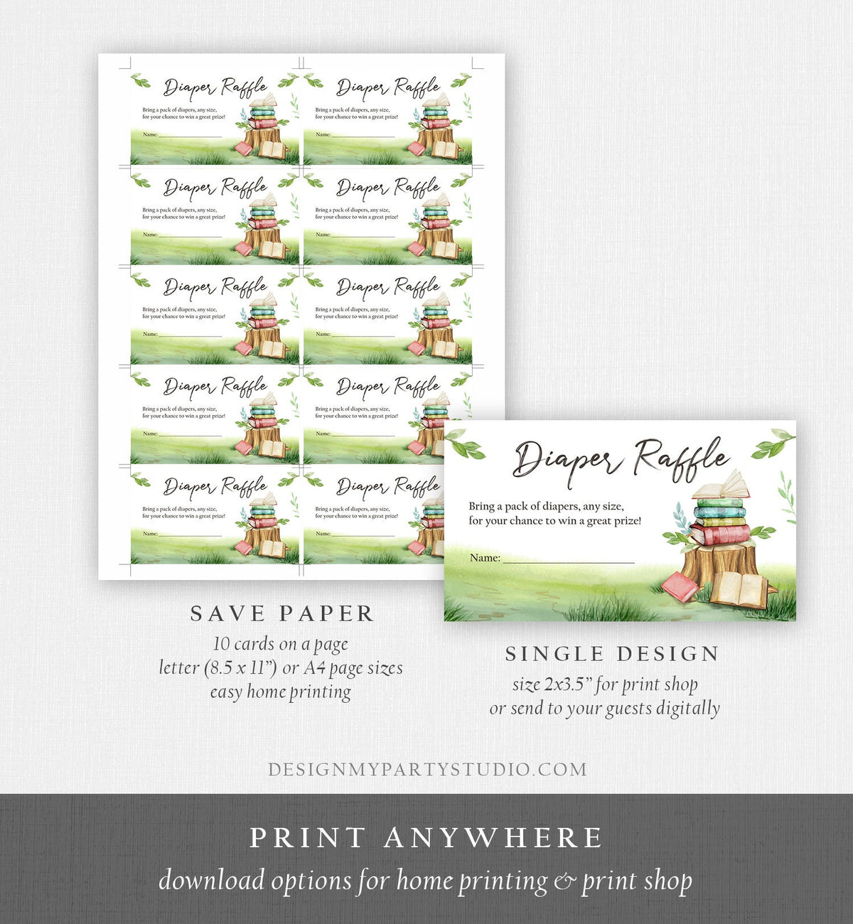 Editable Diaper Raffle Ticket Storybook Diaper Game Card Book Baby shower Gender Neutral Vintage Digital Download Template Printable 0427