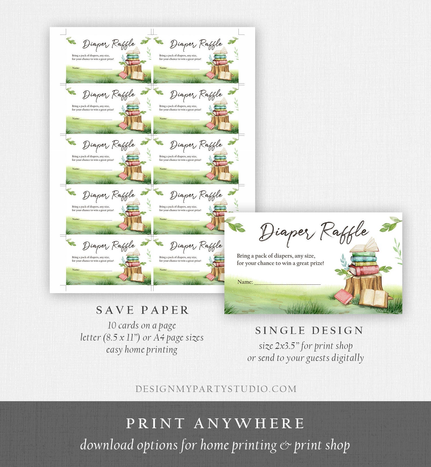 Editable Diaper Raffle Ticket Storybook Diaper Game Card Book Baby shower Gender Neutral Vintage Digital Download Template Printable 0427