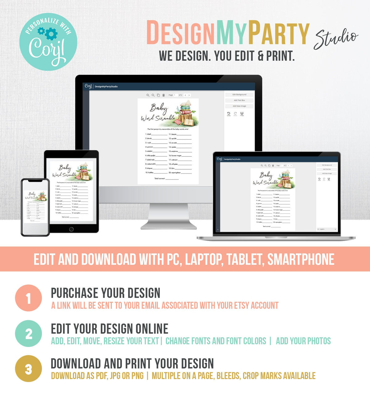 Editable Word Scramble Baby Shower Game Word Search Storybook Baby Shower Book Watercolor Gender Neutral Digital Template Printable 0427