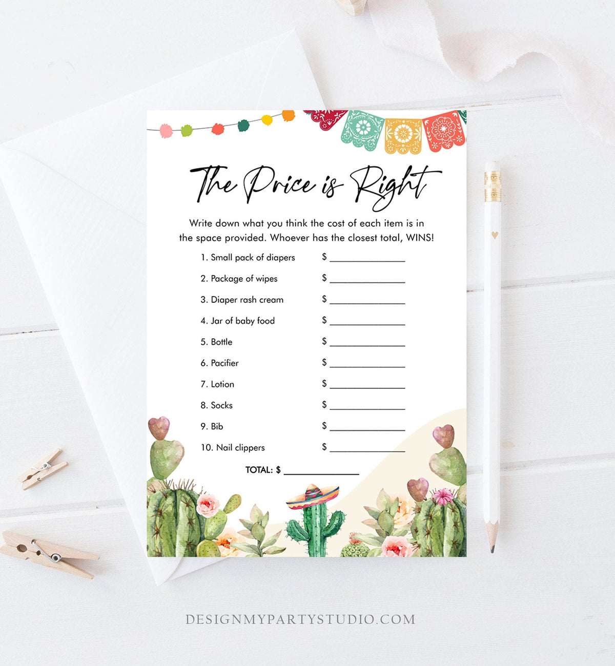 Editable The Price is Right Game Fiesta Baby Shower Cactus Mexican Shower Game Baby Coed Watercolor Download Corjl Template Printable 0404