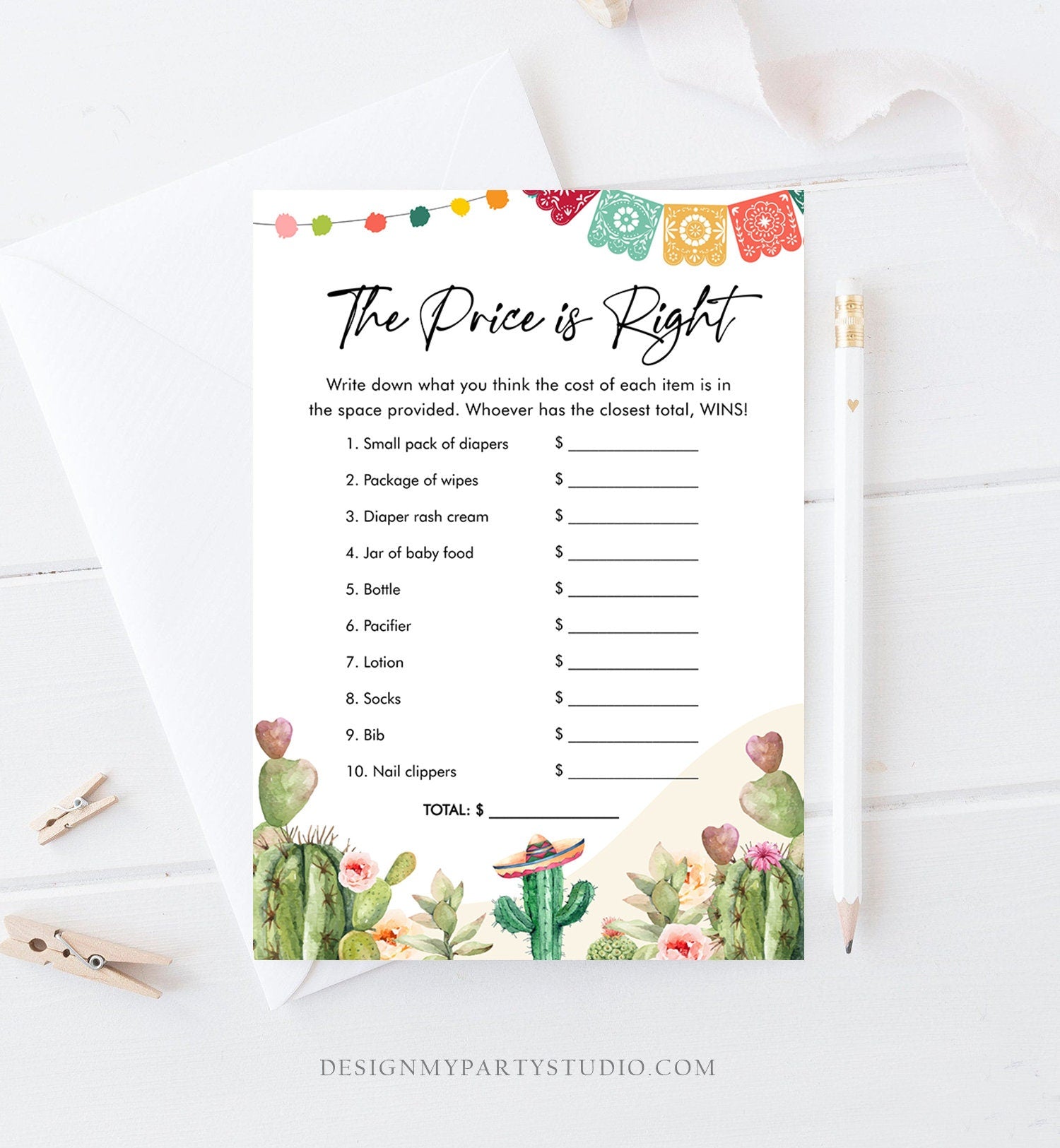 Editable The Price is Right Game Fiesta Baby Shower Cactus Mexican Shower Game Baby Coed Watercolor Download Corjl Template Printable 0404
