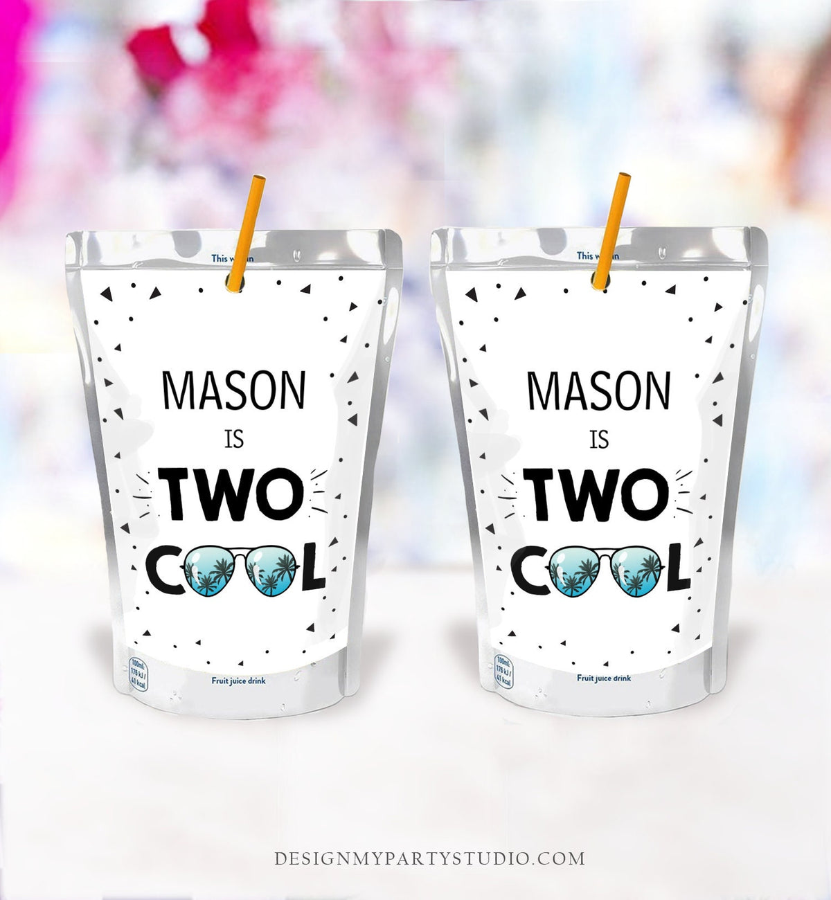 Editable Two Cool Juice Pouch Label Juice Favors Boy Second Birthday 2nd Dude Sunglasses Pack Digital Download Template Printable 0136