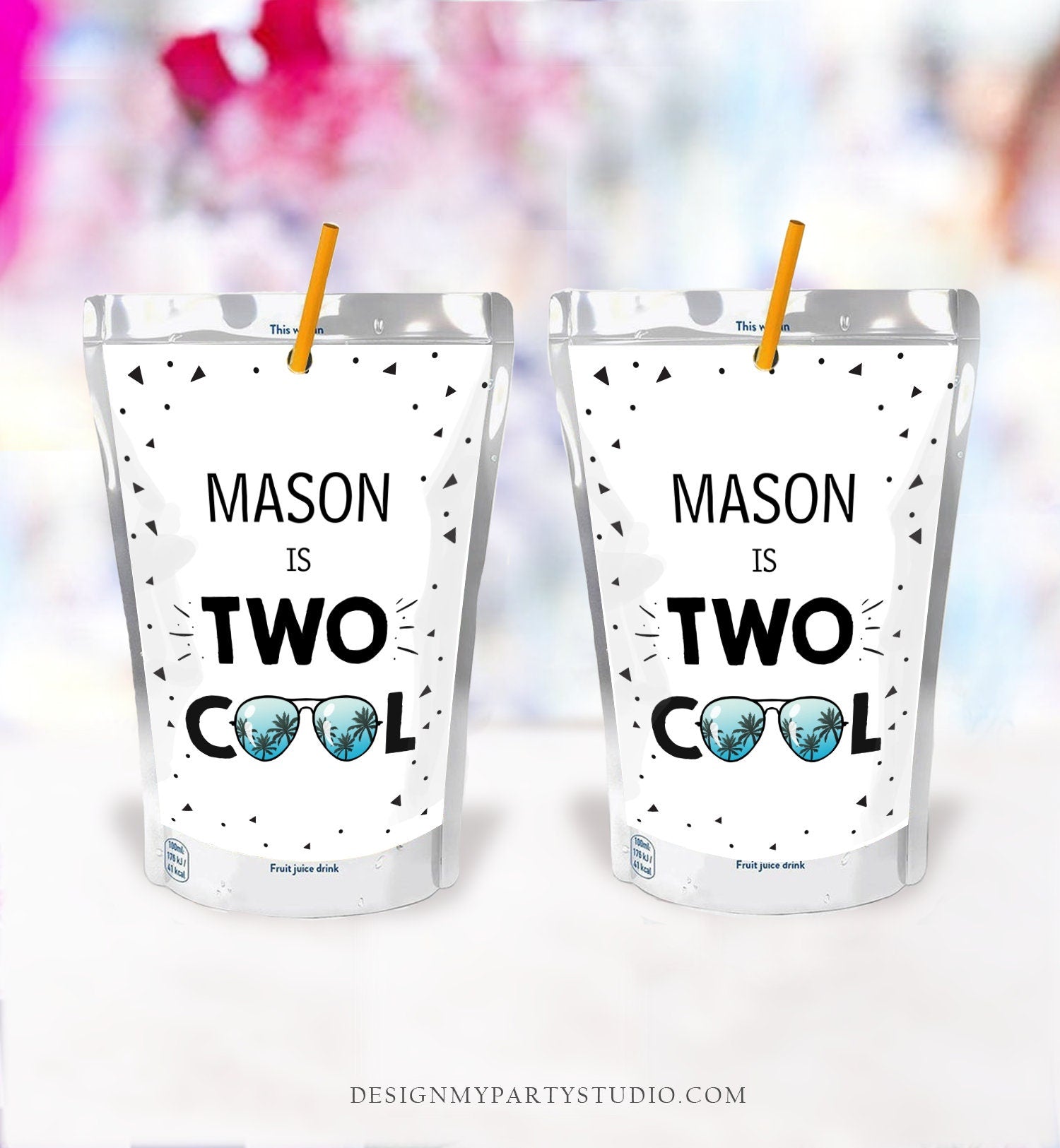 Editable Two Cool Juice Pouch Label Juice Favors Boy Second Birthday 2nd Dude Sunglasses Pack Digital Download Template Printable 0136