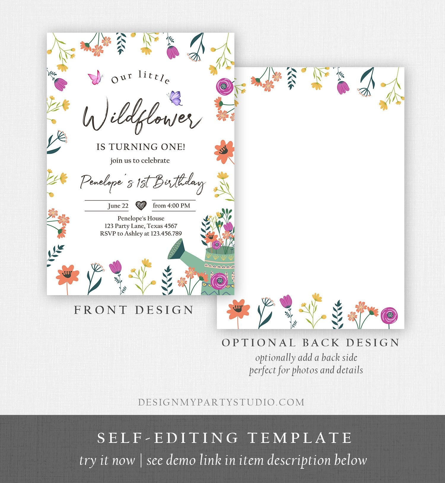 Editable Wildflower First Birthday Invitation 1st Birthday Flower Girl - Design My Party Studio editable-wildflower-first-birthday-invitation-1st-birthday-flower-girl-design-my-party-studio