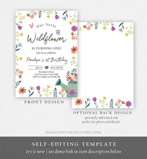 Editable Wildflower First Birthday Invitation 1st Birthday Flower Invitation Girl Garden Butterfly Download Corjl Template Printable 0396
