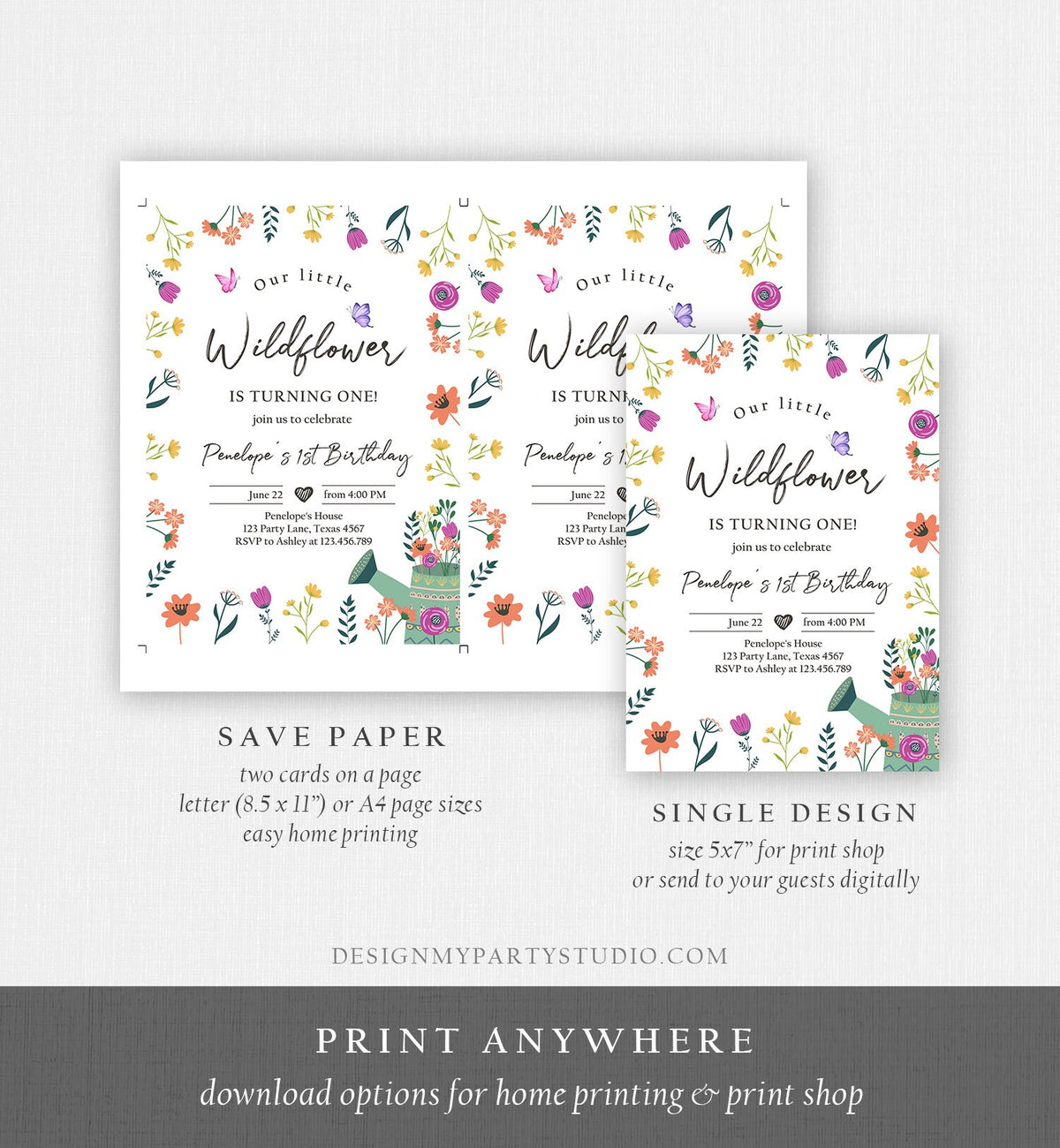 Editable Wildflower First Birthday Invitation 1st Birthday Flower Invitation Girl Garden Butterfly Download Corjl Template Printable 0396