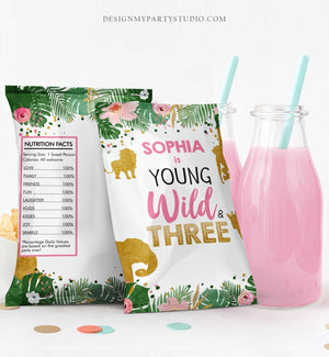 Editable Safari Animals Chip Bag Young Wild and Three Party Girl Third Birthday 3rd Party Snack Favors Gold Corjl Template Printable 0016
