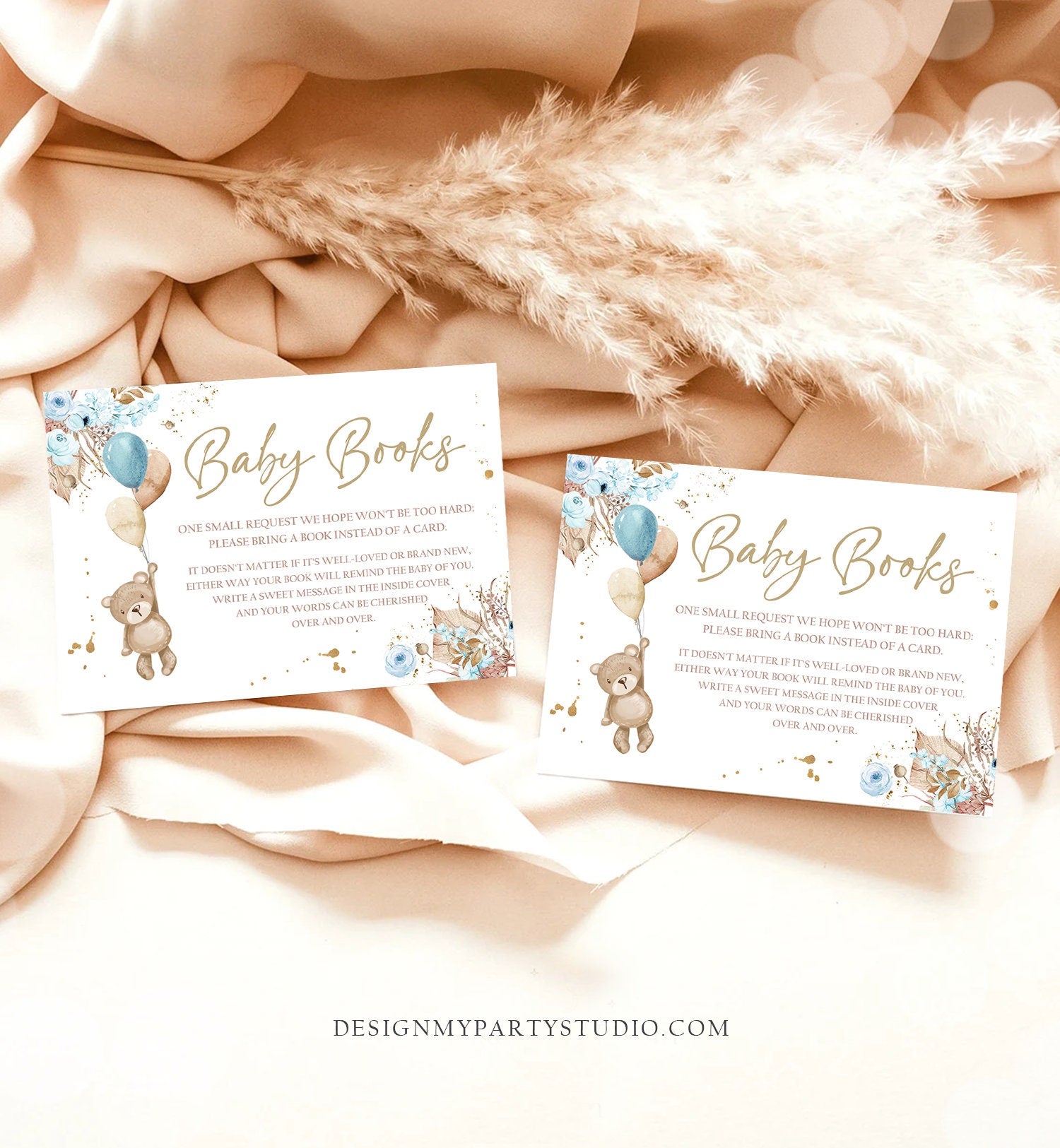 Editable Teddy Bear Bring a Book Card Boho Rustic Boy Baby Shower Book Insert Books for Baby Boy Pampas Gras Template PRINTABLE Corjl 0421