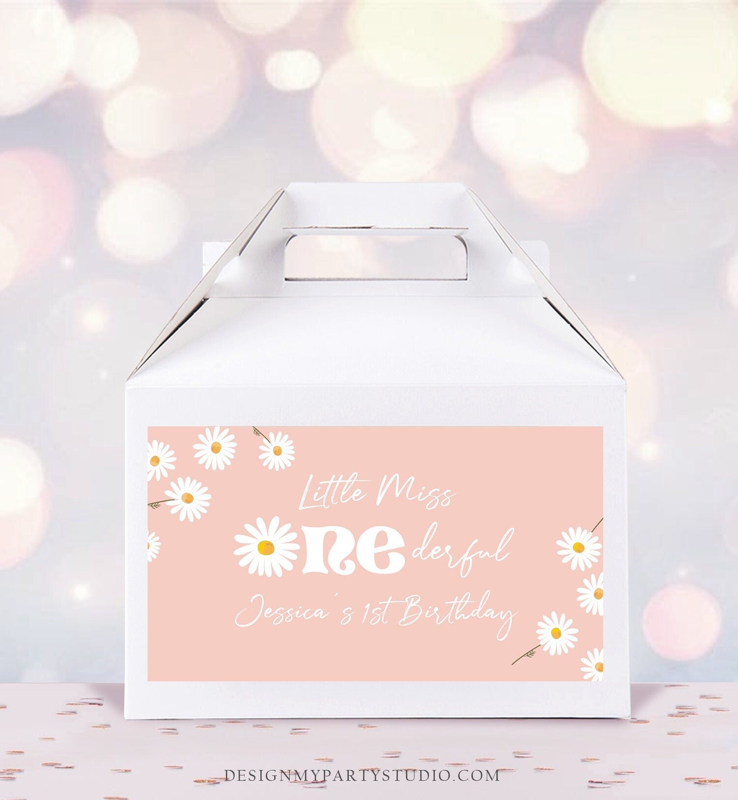 Editable Daisy Birthday Party Gable Box Favor Label Miss Onederful First 1st Hippy Boho Bohemian Gift Labels Download Printable Corjl 0410