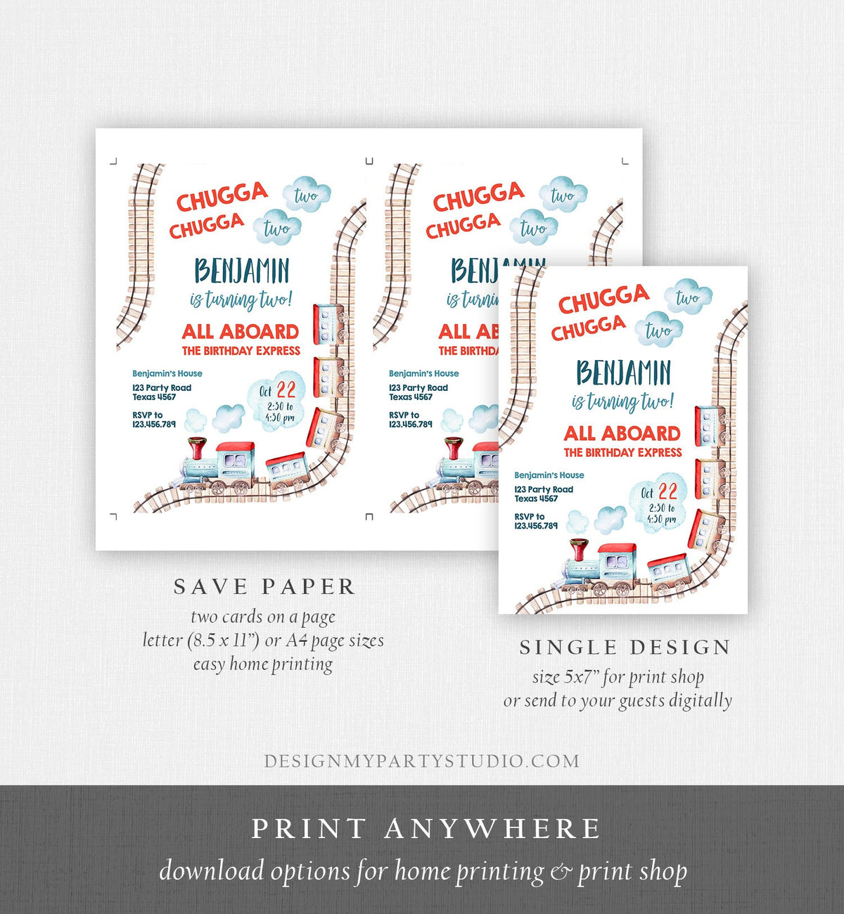 Editable Chugga Chugga Two Two Train Birthday Invitation Vintage Choo Choo Train Party Train Watercolor Template Corjl Printable 0149