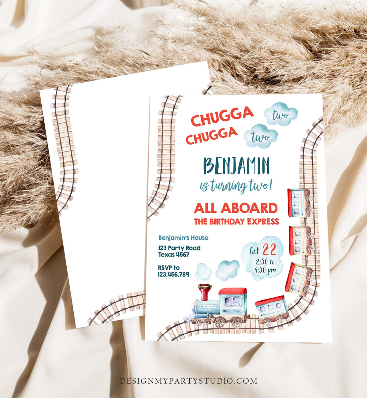 Editable Chugga Chugga Two Two Train Birthday Invitation Vintage Choo Choo Train Party Train Watercolor Template Corjl Printable 0149