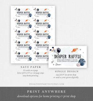 Editable Outer Space Astronaut Diaper Raffle Ticket Baby Shower Orange Planets Galaxy Registry Card Game Corjl Template PRINTABLE 0366