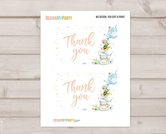 Tea Party Thank you Card Floral Tea Baby Shower Thank You Note 4x6" Boy Blue Tea Birthday Tea for Two PRINTABLE Instant Download 0349