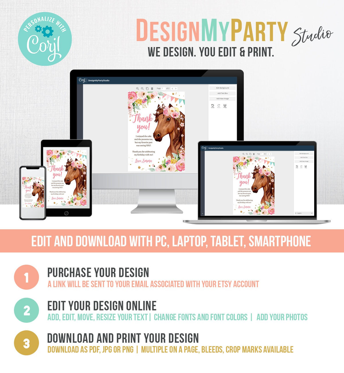 Editable Horse Thank You Card Note Girl Birthday Party Cowgirl Watercolor Pink Floral Saddle Up Download Printable Corjl Template 0408