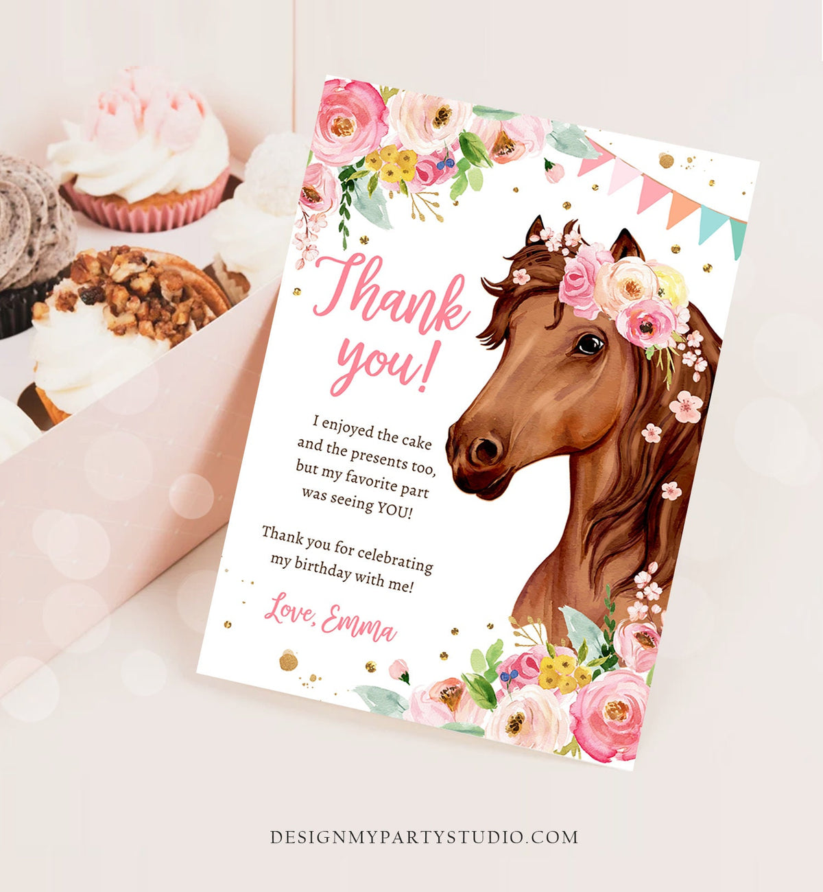 Editable Horse Thank You Card Note Girl Birthday Party Cowgirl Watercolor Pink Floral Saddle Up Download Printable Corjl Template 0408