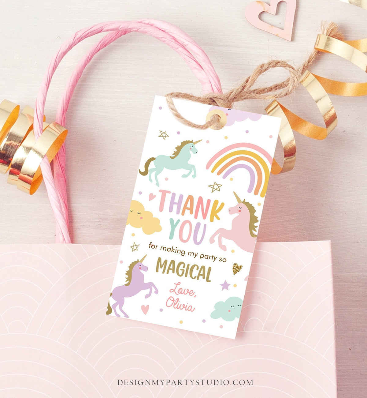 Editable Unicorn Favor Tags Magical Birthday Thank you tags Label Rainbow Birthday Gift Tags Pink Pastel Girl Template PRINTABLE Corjl 0426