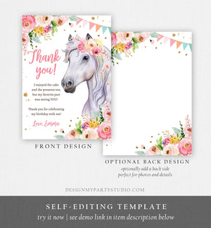 Editable Horse Thank You Card Note Girl Birthday Party Cowgirl Watercolor Pink Floral Saddle Up Download Printable Corjl Template 0408