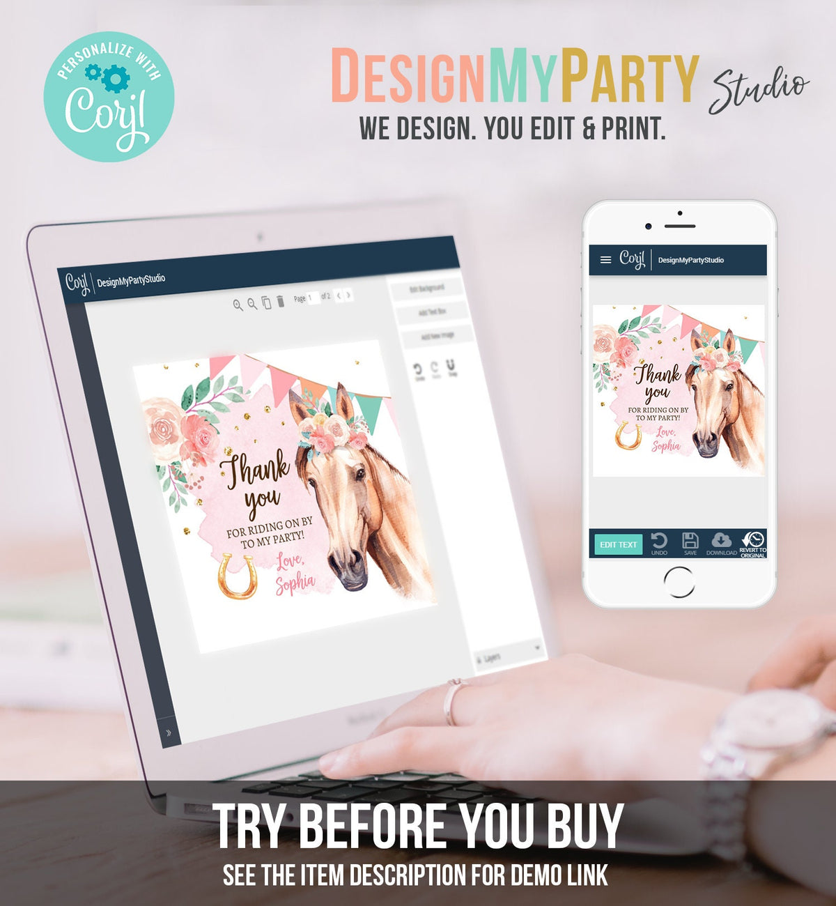 Editable Cowgirl Favor Tags Horse Birthday Party Favor Thank you Sticker Girl Horse Party Floral Download Template PRINTABLE Corjl 0398