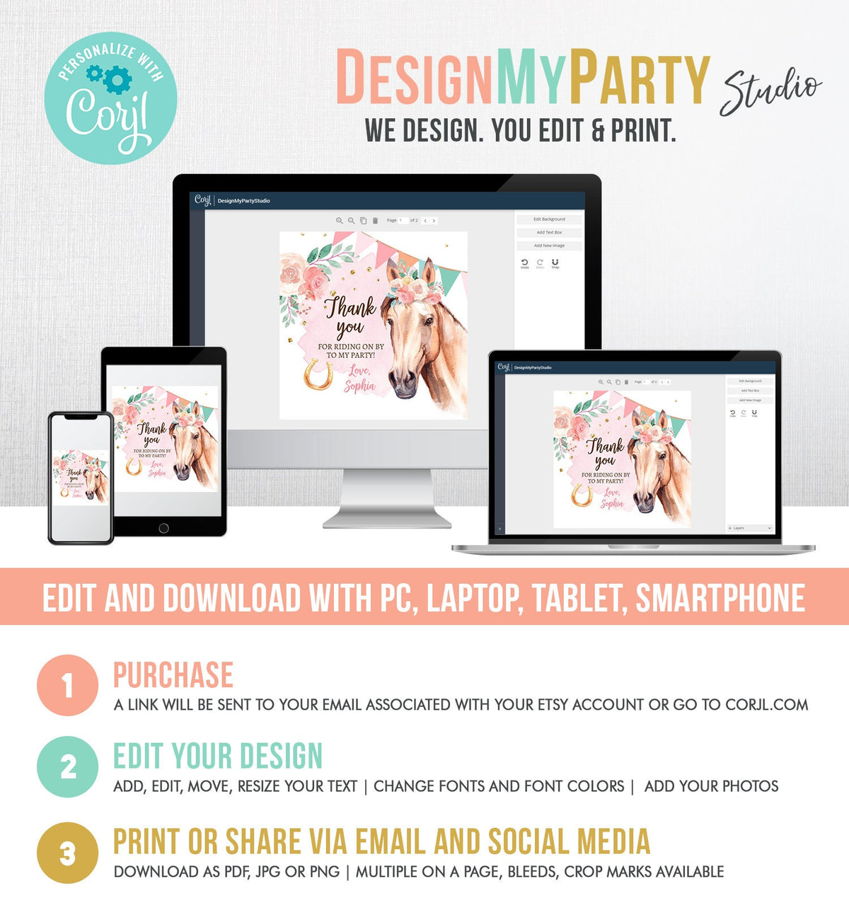 Editable Cowgirl Favor Tags Horse Birthday Party Favor Thank you Sticker Girl Horse Party Floral Download Template PRINTABLE Corjl 0398