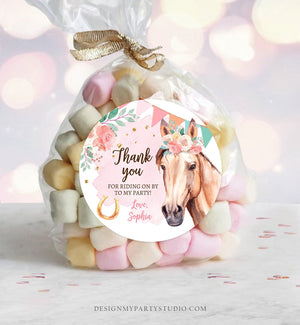 Editable Cowgirl Favor Tags Horse Birthday Party Favor Thank you Sticker Girl Horse Party Floral Download Template PRINTABLE Corjl 0398