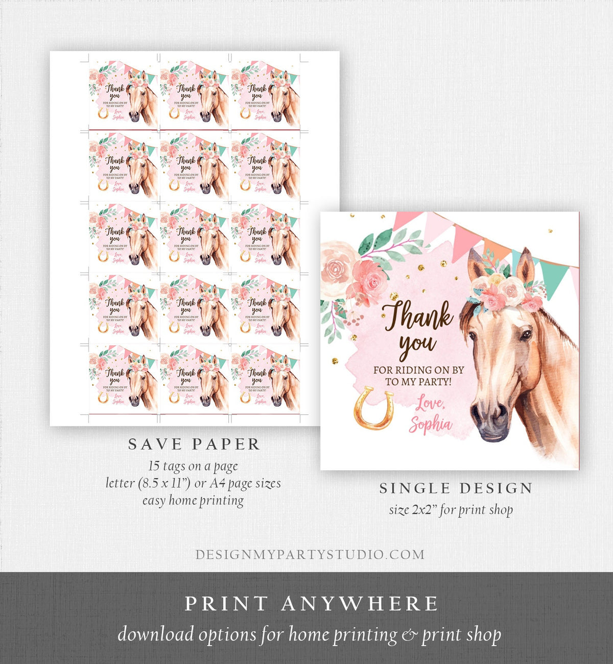 Editable Cowgirl Favor Tags Horse Birthday Party Favor Thank you Sticker Girl Horse Party Floral Download Template PRINTABLE Corjl 0398