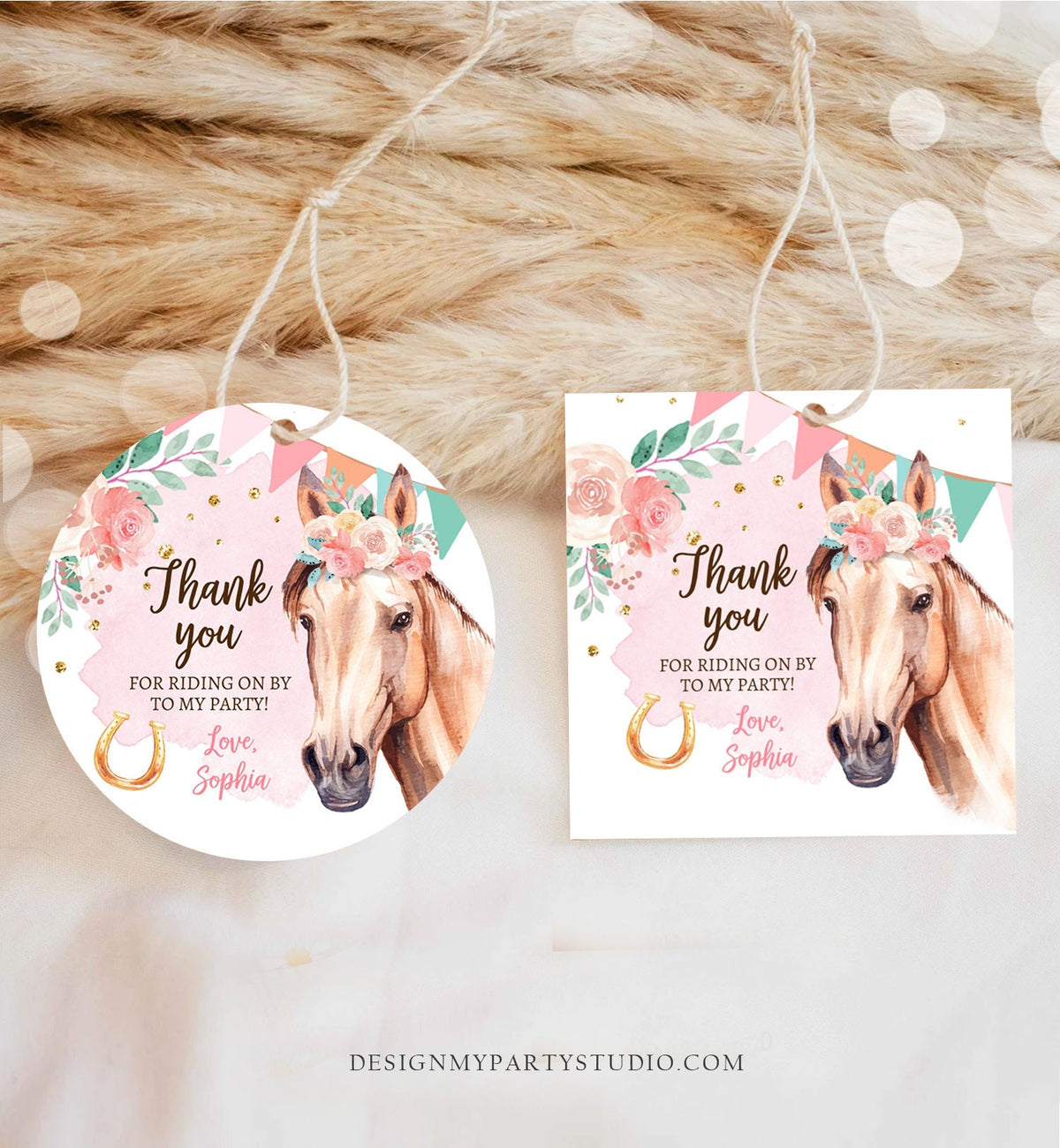 Editable Cowgirl Favor Tags Horse Birthday Party Favor Thank you Sticker Girl Horse Party Floral Download Template PRINTABLE Corjl 0398