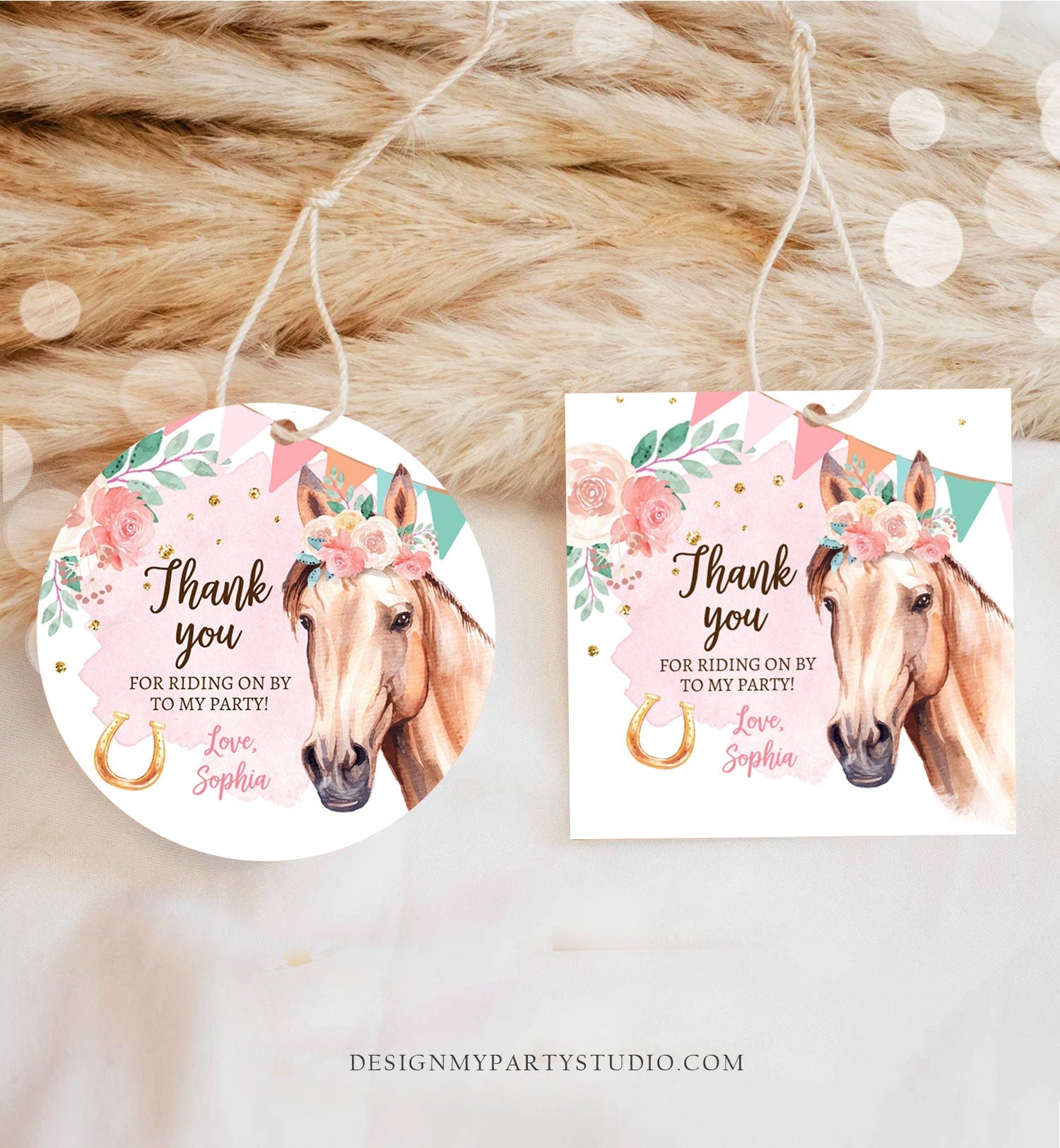 Editable Cowgirl Favor Tags Horse Birthday Party Favor Thank you Sticker Girl Horse Party Floral Download Template PRINTABLE Corjl 0398