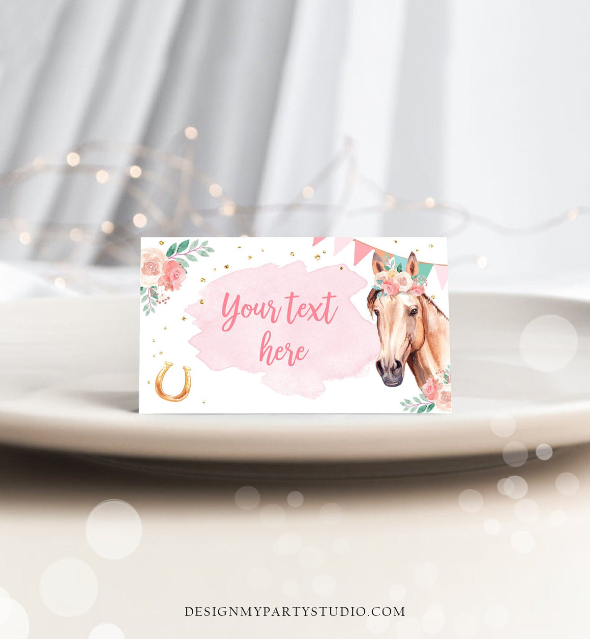Editable Horse Birthday Food Tent Cards Horse Labels Cowgirl Party Place Cards Girl Pink Floral Pony Saddle Up Printable Template Corjl 0398
