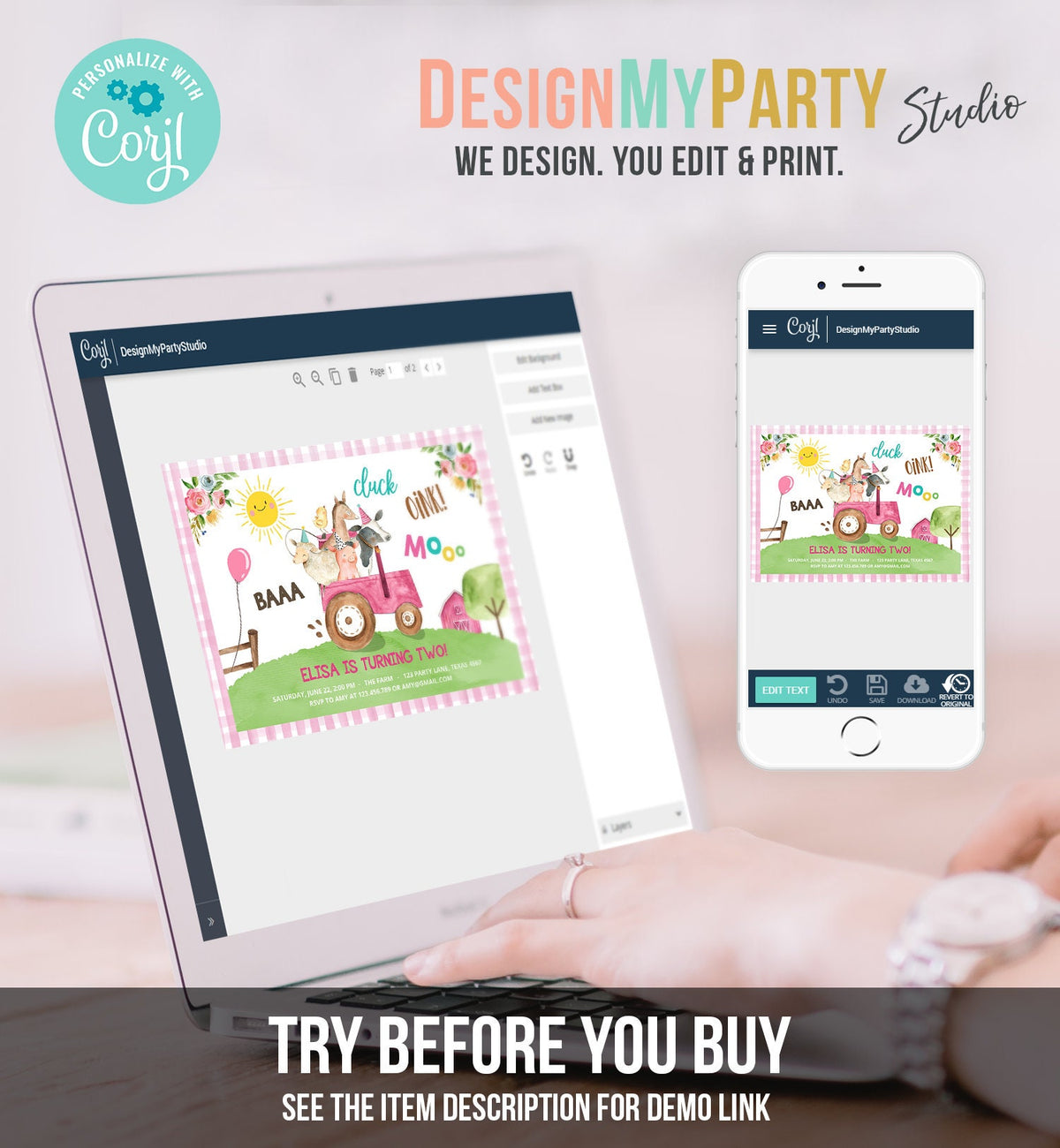 Editable Farm Birthday Invitation Girl Farm Animals Pink Floral Pink Gingham Party Tractor Digital Download Corjl Template Printable 0155