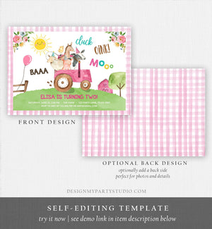 Editable Farm Birthday Invitation Girl Farm Animals Pink Floral Barnyard Party Tractor Download Printable Template Digital Corjl 0155