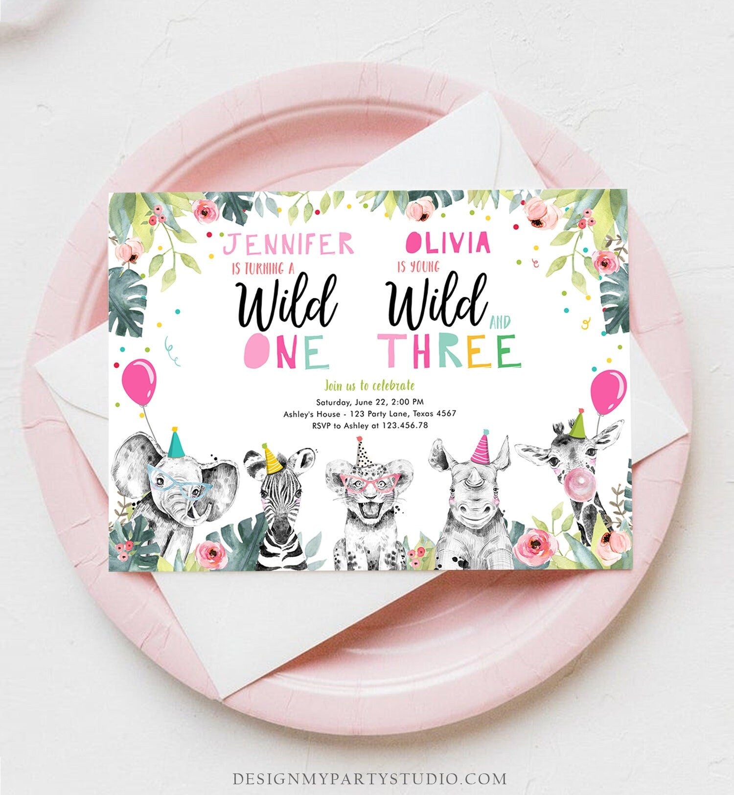 Editable Wild One Young Wild and Three Birthday Invitation Party Animals Siblings Girl First Third 1st 3rd Safari Joint Corjl Template 0322