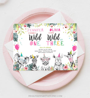 Editable Wild One Young Wild and Three Birthday Invitation Party Animals Siblings Girl First Third 1st 3rd Safari Joint Corjl Template 0322