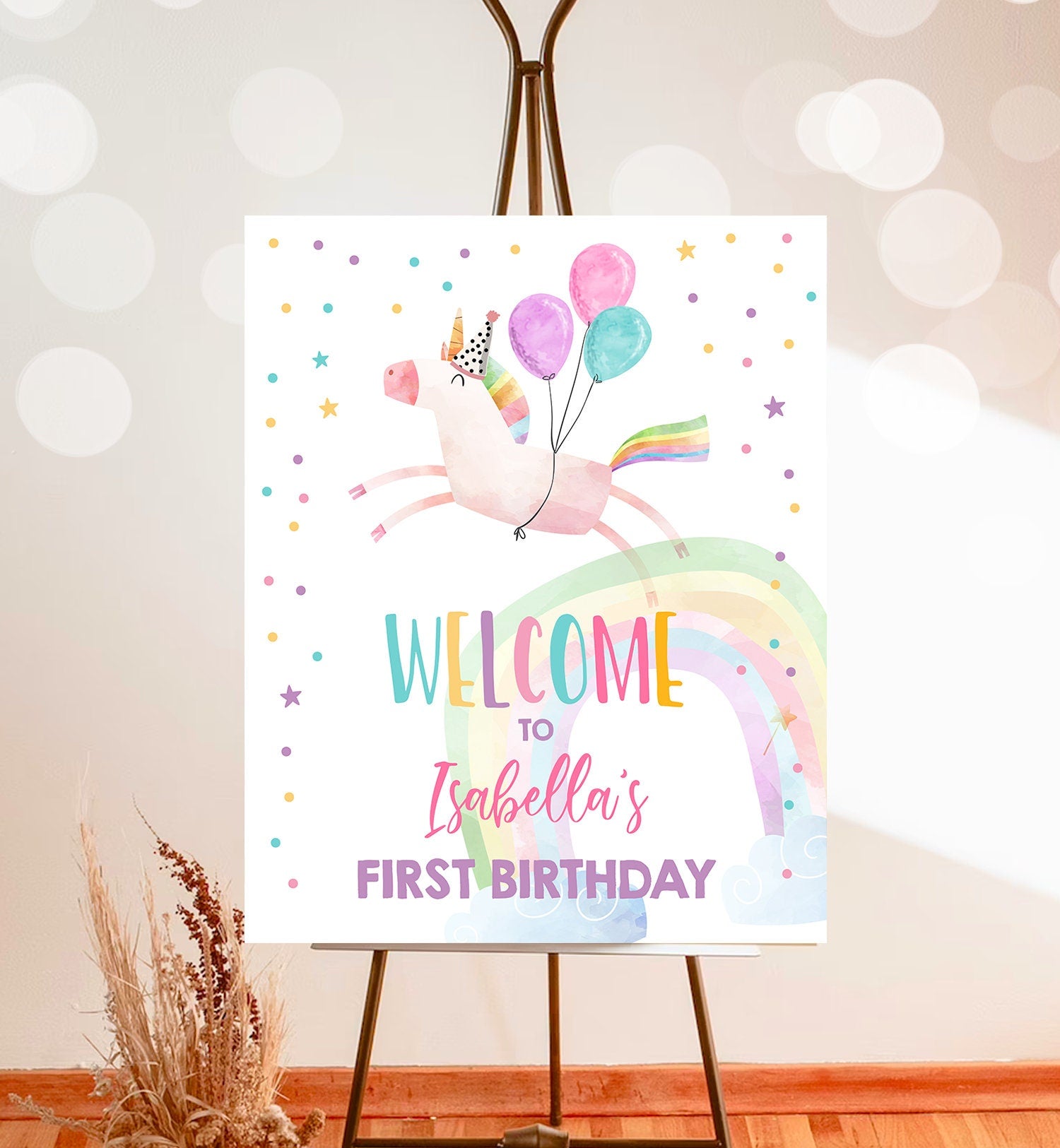 Editable Unicorn Welcome Sign Unicorn Birthday Door Sign Rainbow Girl Magical Unicorn Party Sign Pink First Digital Template Printable 0336