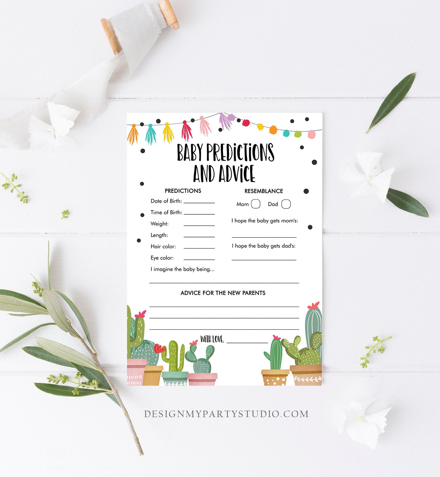 Editable Baby Predictions Baby Shower Game Advice for Parents Cactus Fiesta Succulent Mexican Taco Bout Corjl Template Printable 0254