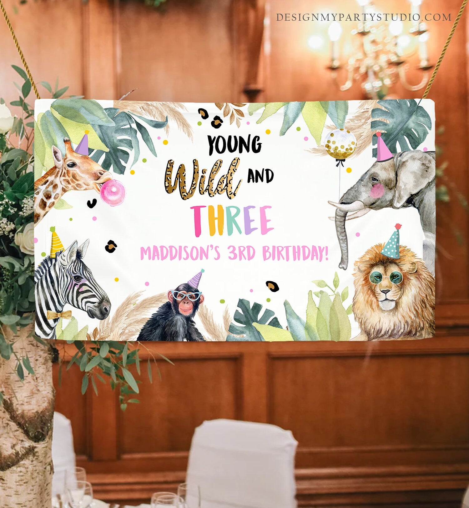Editable Party Animals Young Wild and Three Backdrop Banner Safari Animals Girl Pink Third Birthday Welcome Corjl Template Printable 0417