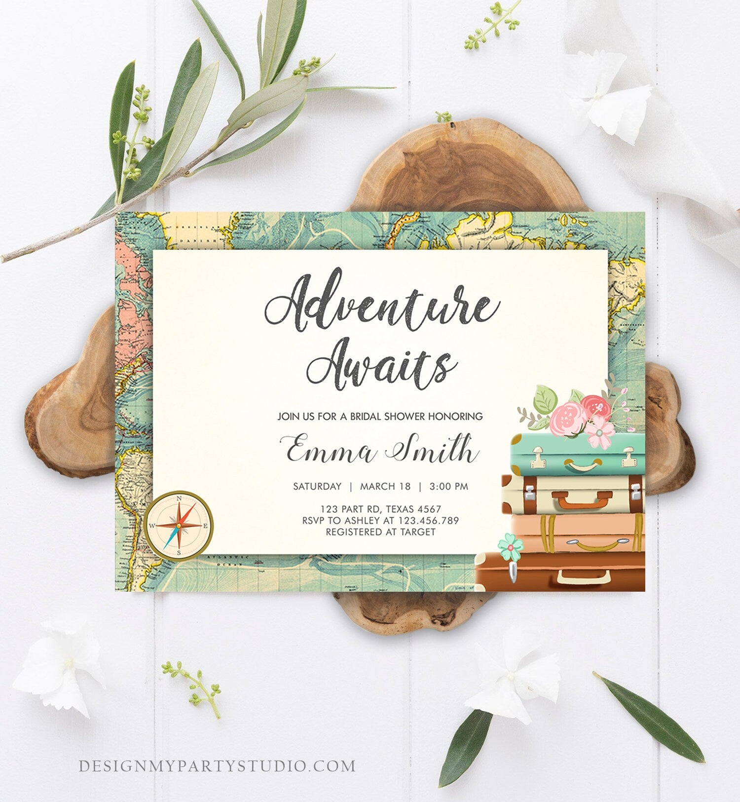 Editable Adventure Awaits Bridal Shower Invitation World Map Suitcase Vintage Adventure Map Pink Floral Template Corjl Printable 0044