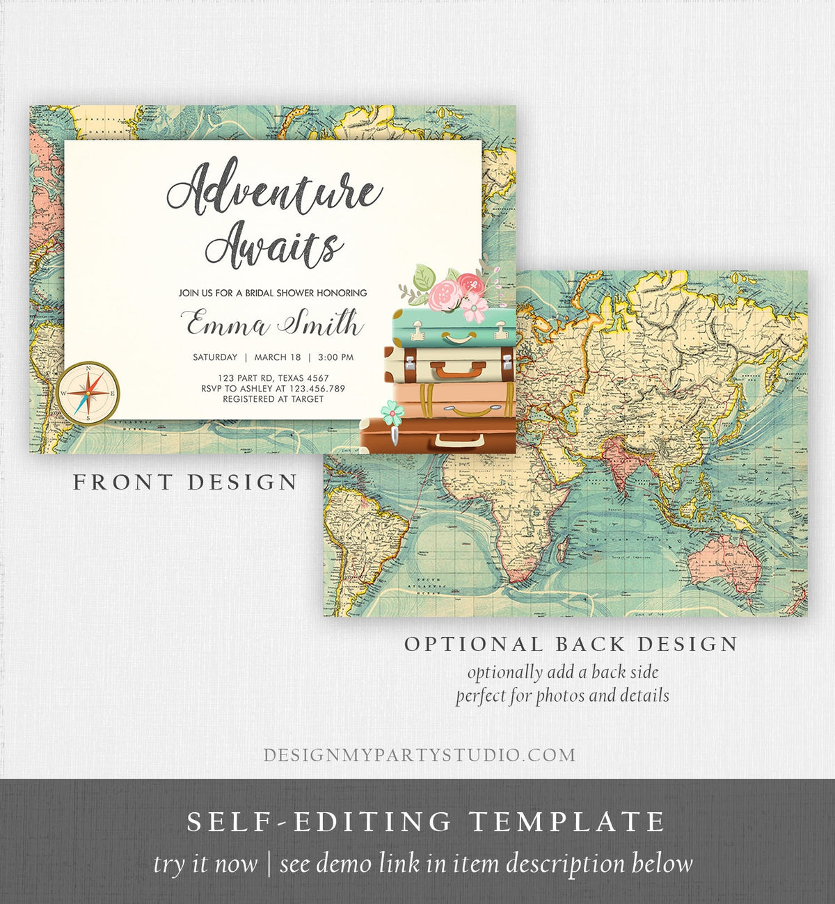 Editable Adventure Awaits Bridal Shower Invitation World Map Suitcase Vintage Adventure Map Pink Floral Template Corjl Printable 0044