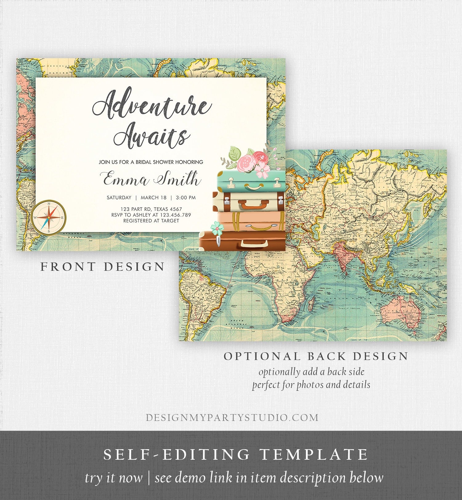 Editable Adventure Awaits Bridal Shower Invitation World Map Suitcase Vintage Adventure Map Pink Floral Template Corjl Printable 0044