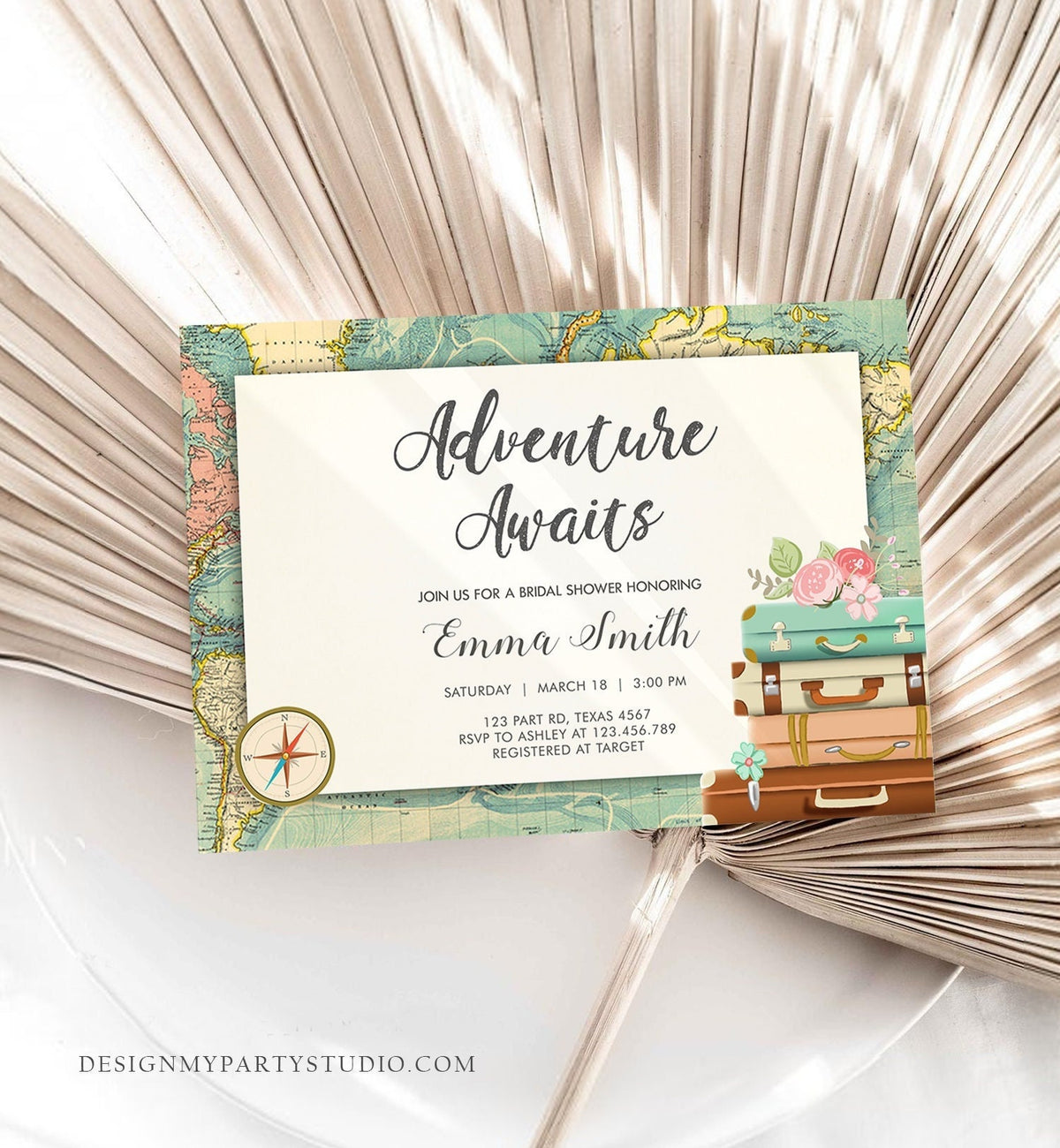 Editable Adventure Awaits Bridal Shower Invitation World Map Suitcase Vintage Adventure Map Pink Floral Template Corjl Printable 0044