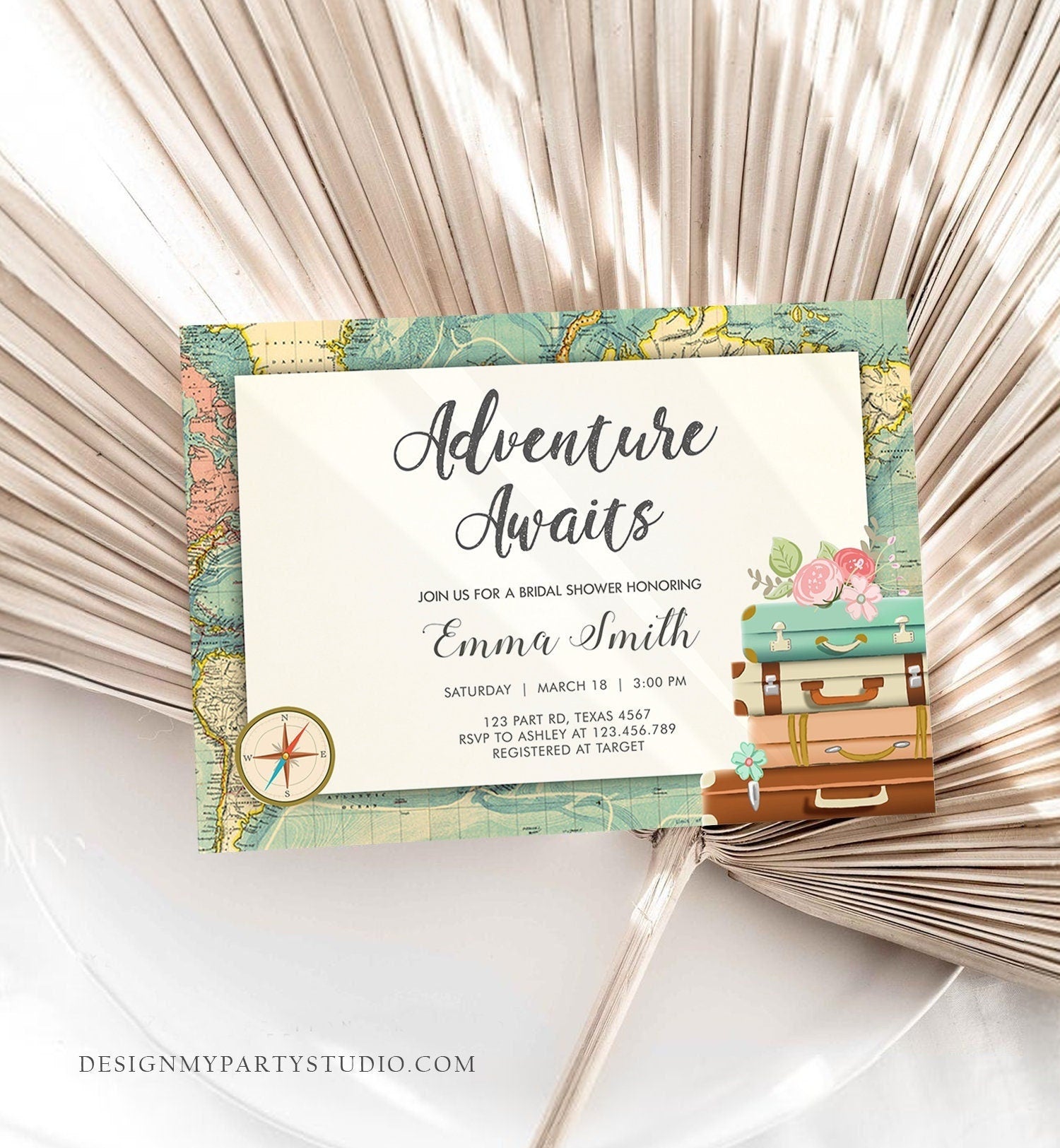Editable Adventure Awaits Bridal Shower Invitation World Map Suitcase Vintage Adventure Map Pink Floral Template Corjl Printable 0044