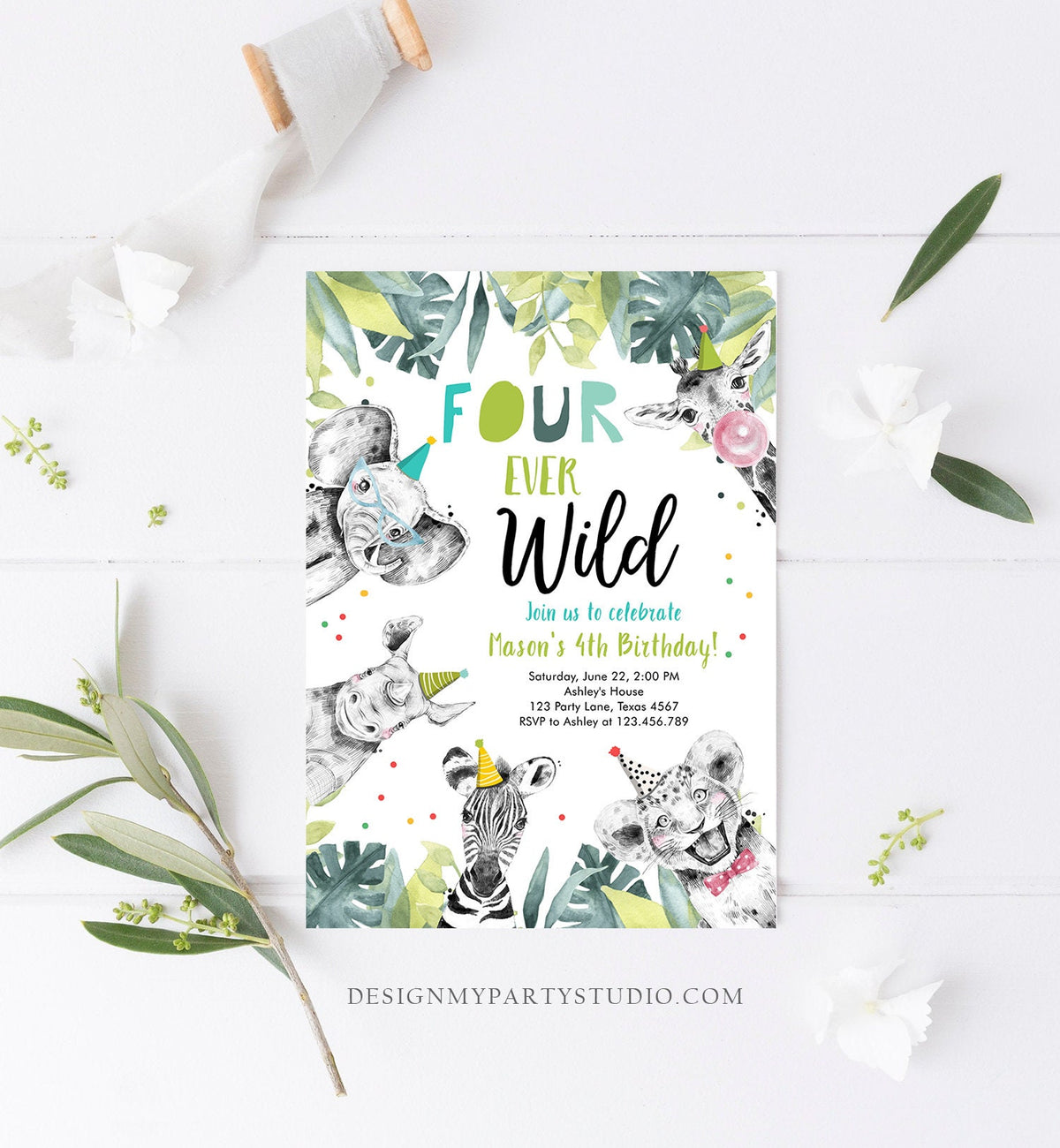 Editable Four Ever Wild Birthday Invitation Safari Animals Party Animals Boy Gold Fourth 4th Zoo Digital Template Evite Printable 0322