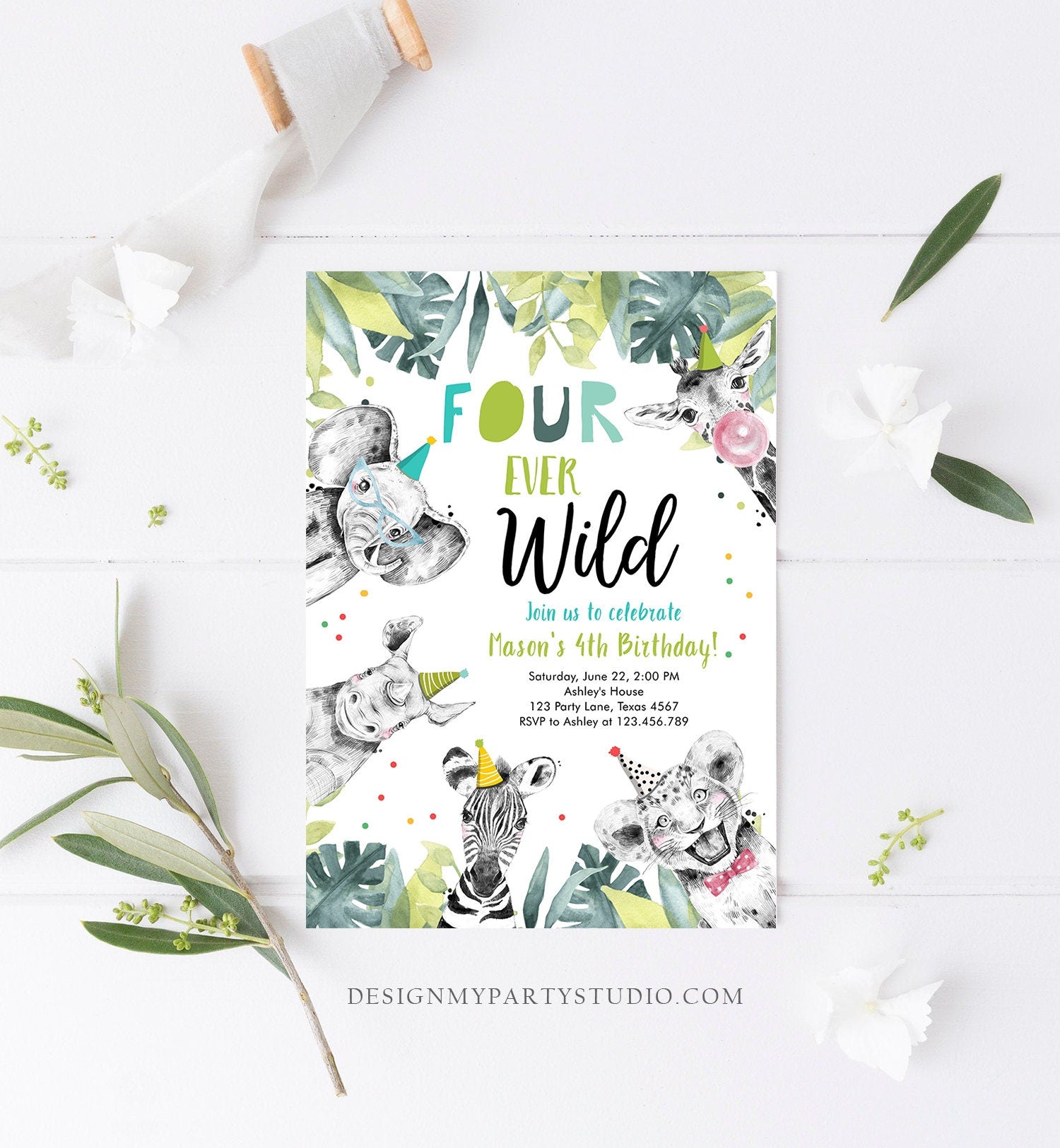 Editable Four Ever Wild Birthday Invitation Safari Animals Party Animals Boy Gold Fourth 4th Zoo Digital Template Evite Printable 0322